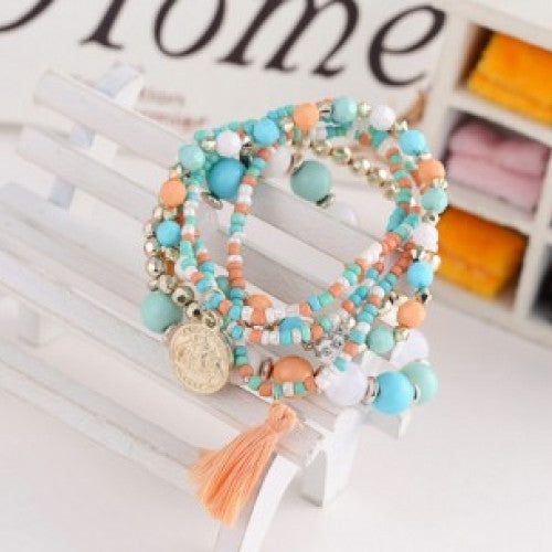 Multilayer Metal Bracelet Colorful Beads Coin Tassel Bracelets Woman Jewelry 2015 Fashion Bohemia Style