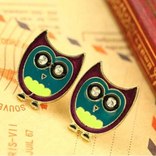 Candy Color Cute Wisdom Bird Owl Rhinestone Fortune Earring Stud